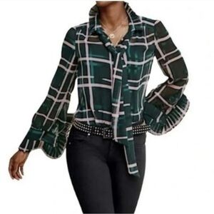 Cabi Sheer Tartan Plaid Ruffle Blouse Size Medium Green Pink Formal Holiday
